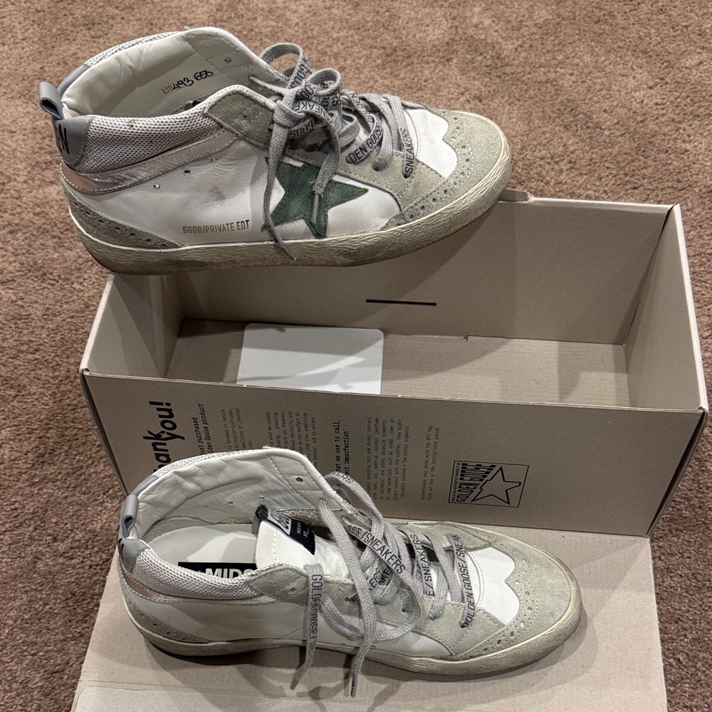 Golden Goose White and Green Sneakers